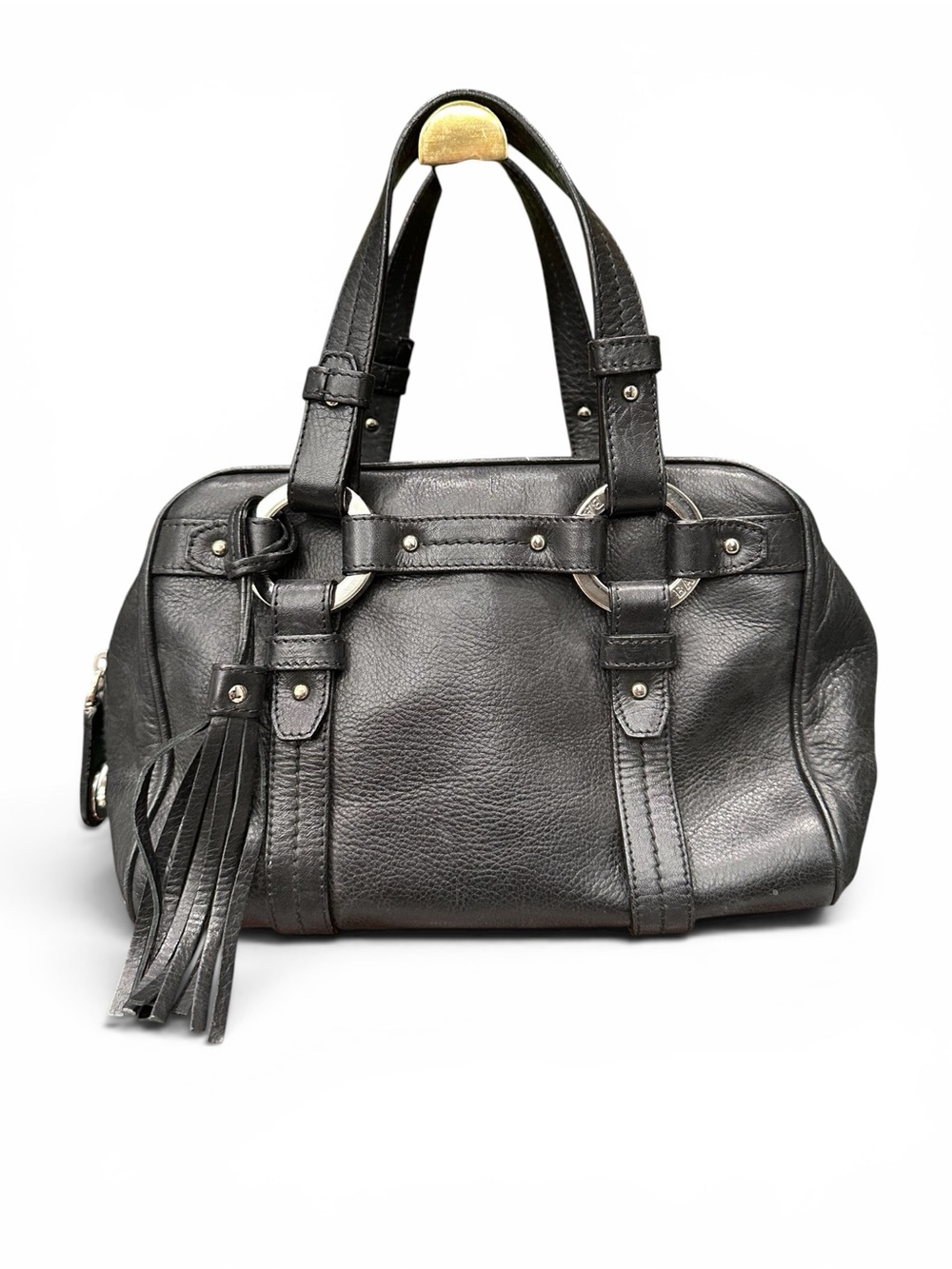 Bally Charlyn Black Pebbled Leather Satchel Tassel Bag Silver Hardware Italy